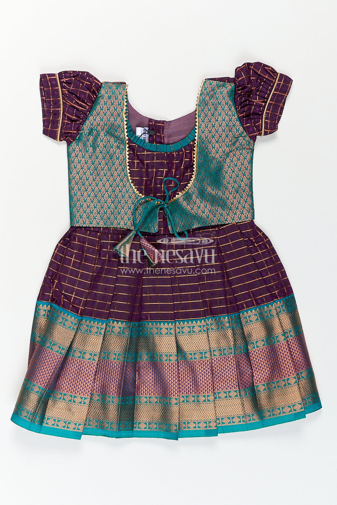 The Nesavu Silk Frock Girls Long Silk Frock Design in Semi Kanchivaram with Green Brocade Yoke and Purple Checked Pleated Skirt Nesavu 14 (6M) / Purple / Style 1 SF838AA-14 Nesavu Girls Semi Kanchivaram Long Silk Frock Green Brocade Yoke Purple Checked Pleated Skirt
