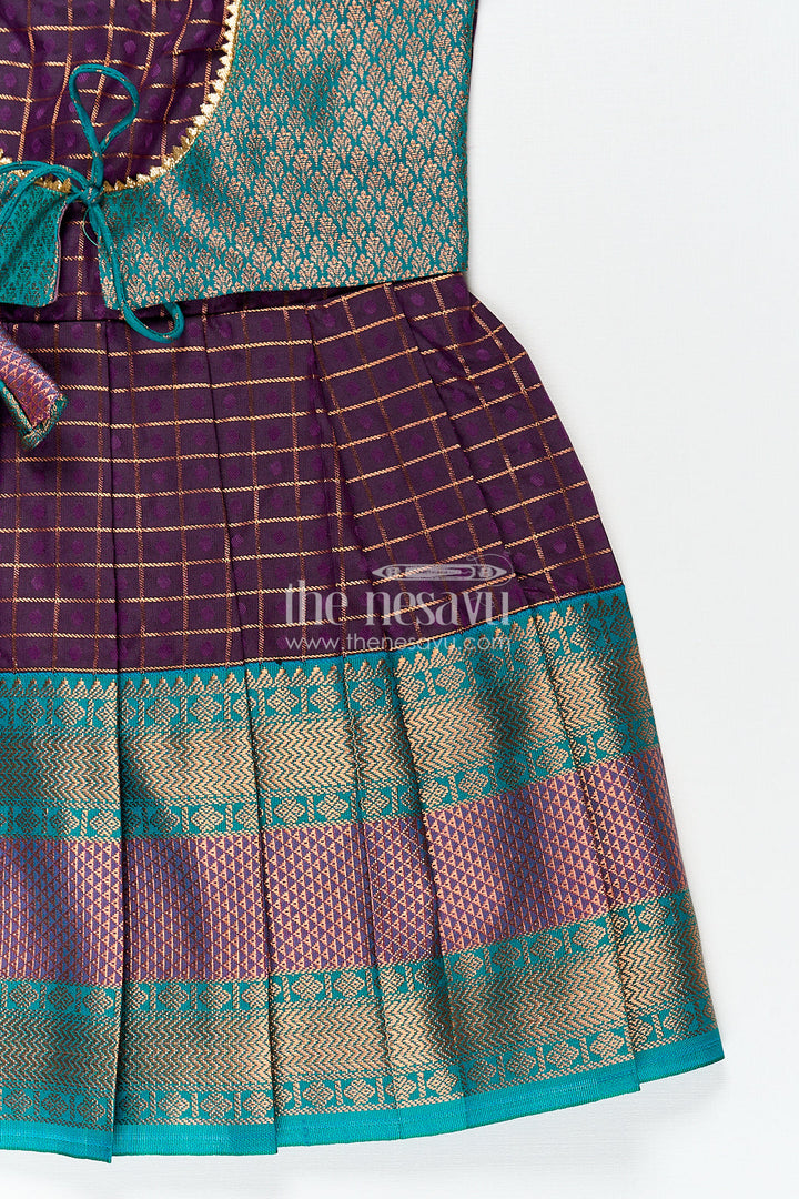 The Nesavu Silk Frock Girls Long Silk Frock Design in Semi Kanchivaram with Green Brocade Yoke and Purple Checked Pleated Skirt Nesavu Nesavu Girls Semi Kanchivaram Long Silk Frock Green Brocade Yoke Purple Checked Pleated Skirt