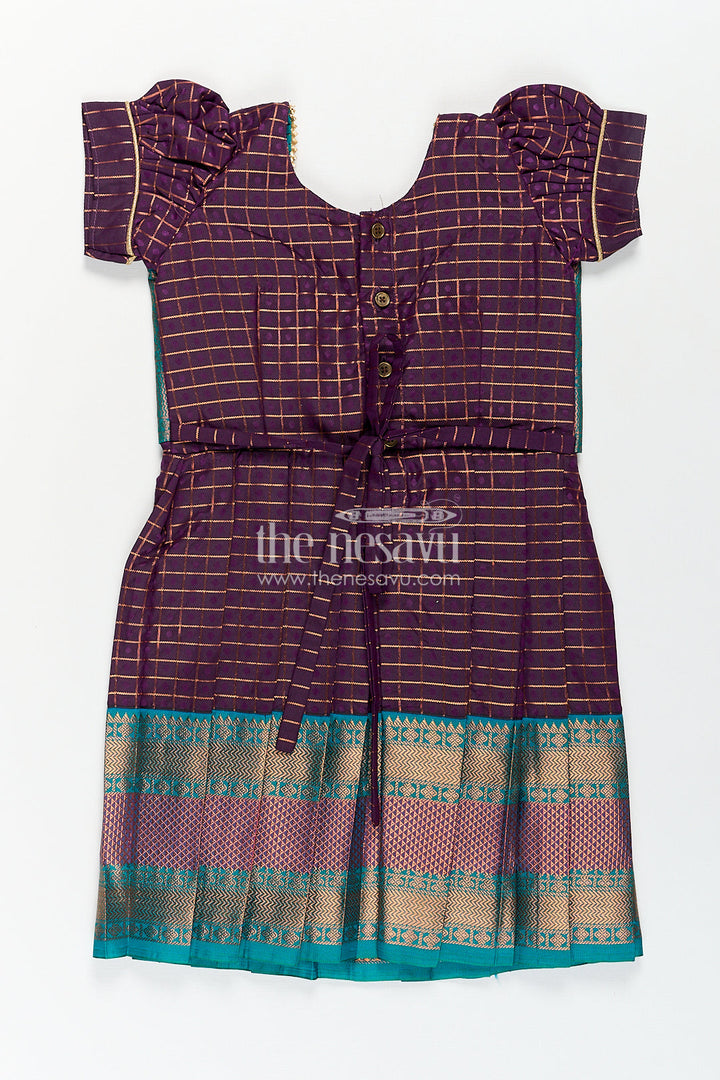 The Nesavu Silk Frock Girls Long Silk Frock Design in Semi Kanchivaram with Green Brocade Yoke and Purple Checked Pleated Skirt Nesavu Nesavu Girls Semi Kanchivaram Long Silk Frock Green Brocade Yoke Purple Checked Pleated Skirt