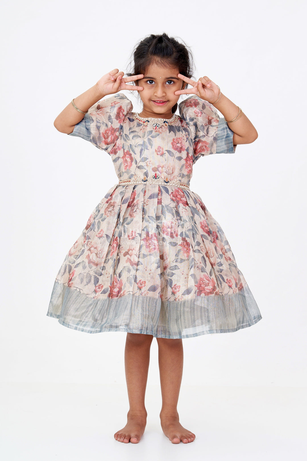The Nesavu Silk Frock Girls Long Silk Frocks with Floral Digital Print and Embellished Details for Party Wear Nesavu 16 (1Y) / Green SF978A-16 Nesavu Girls Long Silk Frocks Floral Digital Print Embellished Neckline Party Wear