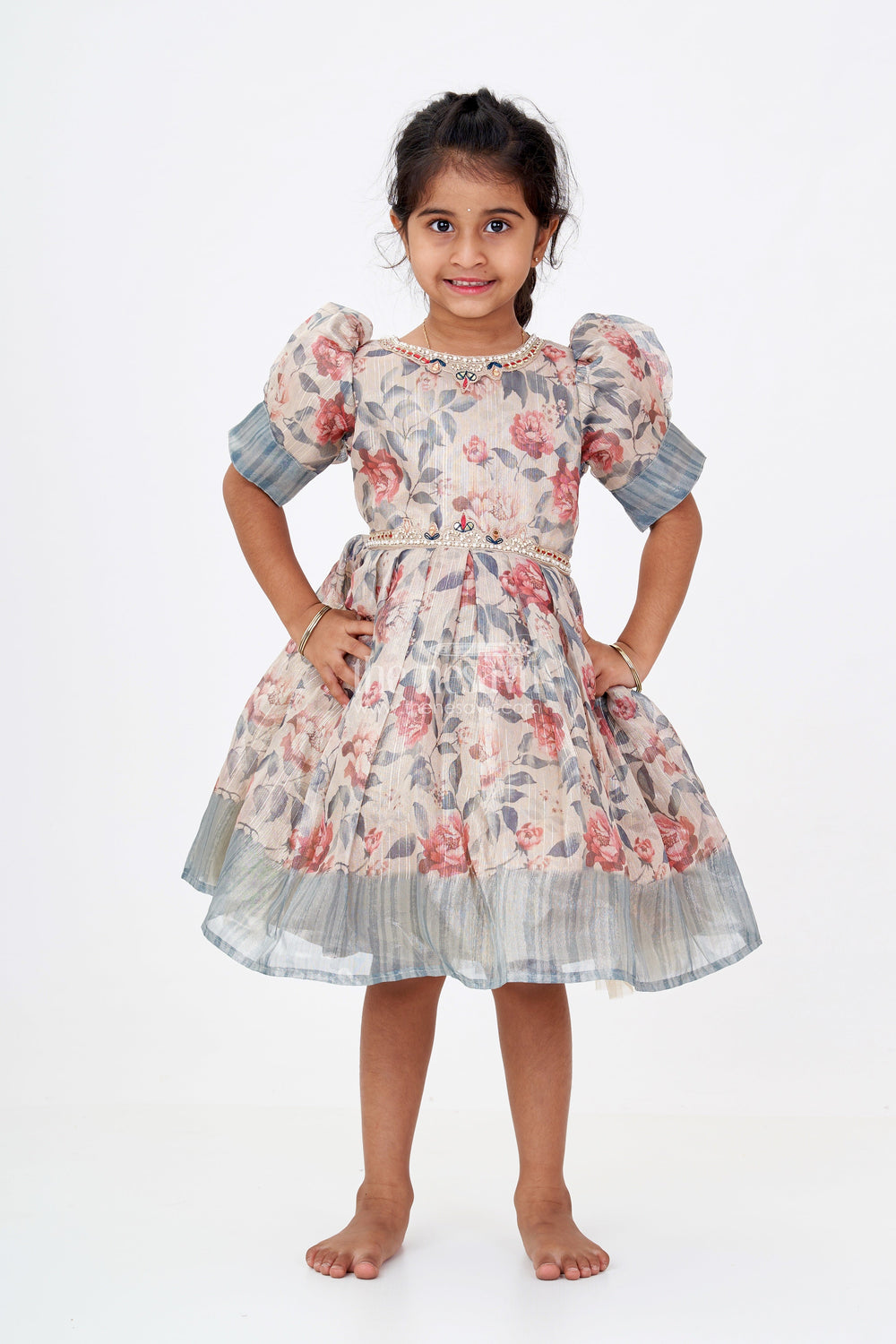 The Nesavu Silk Frock Girls Long Silk Frocks with Floral Digital Print and Embellished Details for Party Wear Nesavu Nesavu Girls Long Silk Frocks Floral Digital Print Embellished Neckline Party Wear