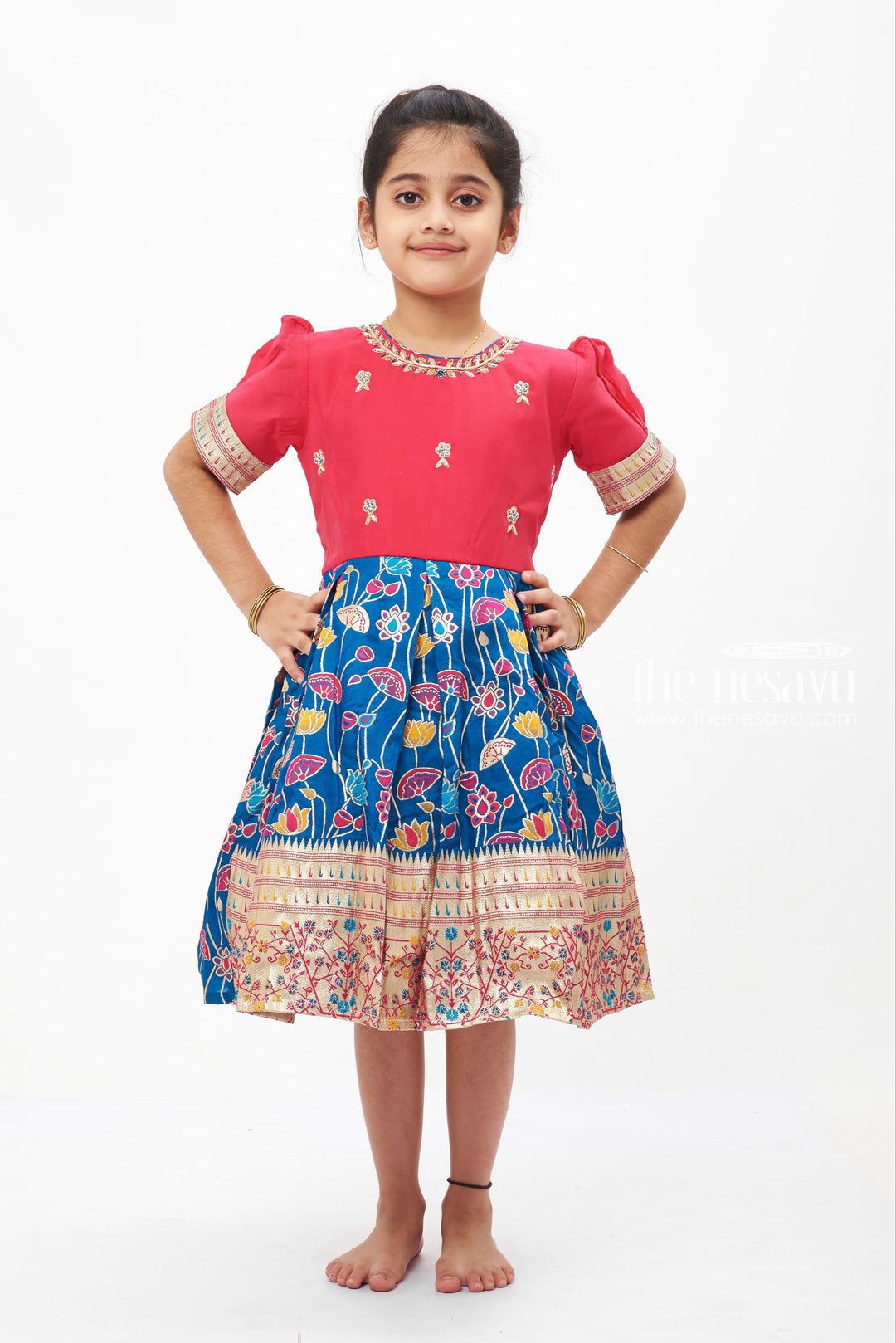 The Nesavu Silk Embroidered Frock Girls' Luxurious Pink and Blue Embroidered Silk Party Frock with Floral Motifs Nesavu 16 (1Y) / Blue SF739A-16 Embroidered Silk Floral Frock for Girls | Pink and Blue Traditional Dress | The Nesavu