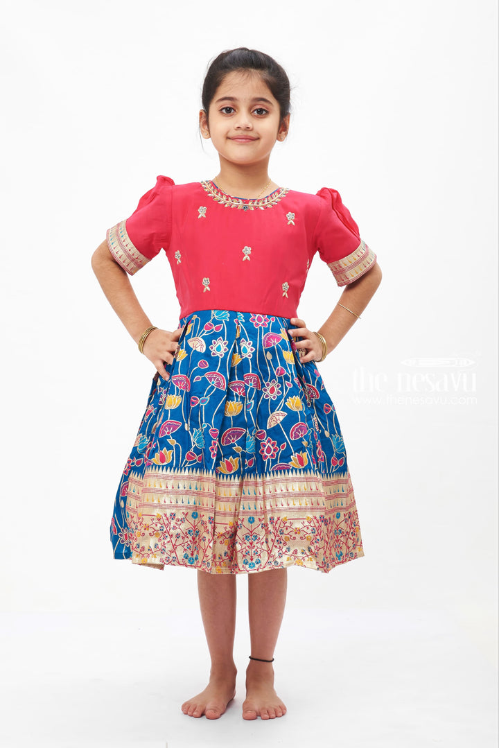 The Nesavu Silk Embroidered Frock Girls' Luxurious Pink and Blue Embroidered Silk Party Frock with Floral Motifs Nesavu 16 (1Y) / Blue SF739A-16 Embroidered Silk Floral Frock for Girls | Pink and Blue Traditional Dress | The Nesavu