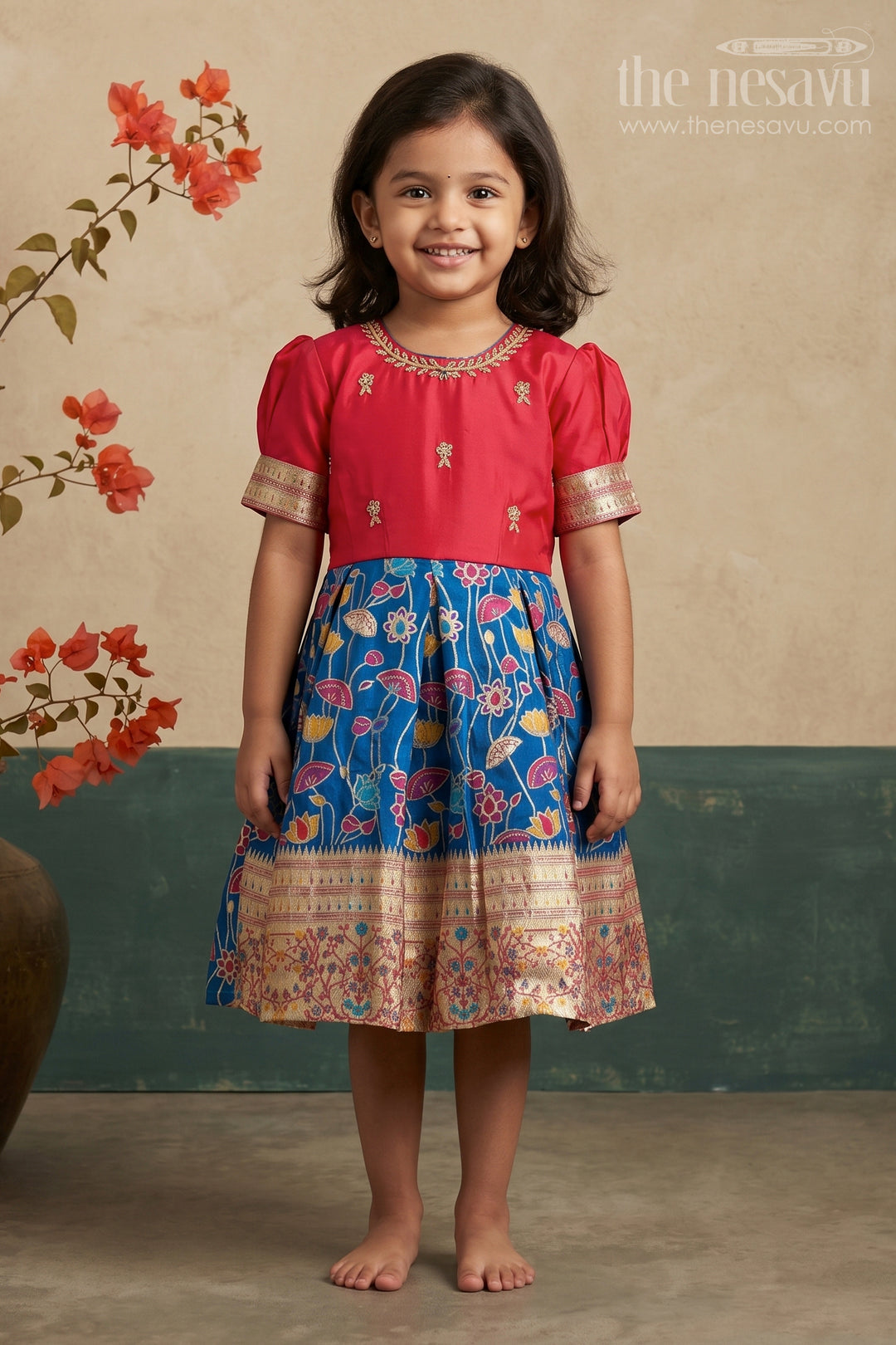 The Nesavu Silk Party Frock Girls' Luxurious Pink and Blue Embroidered Silk Party Frock with Floral Motifs Nesavu 16 (1Y) / Blue / Silk SF739A-16 Embroidered Silk Floral Frock for Girls | The Nesavu