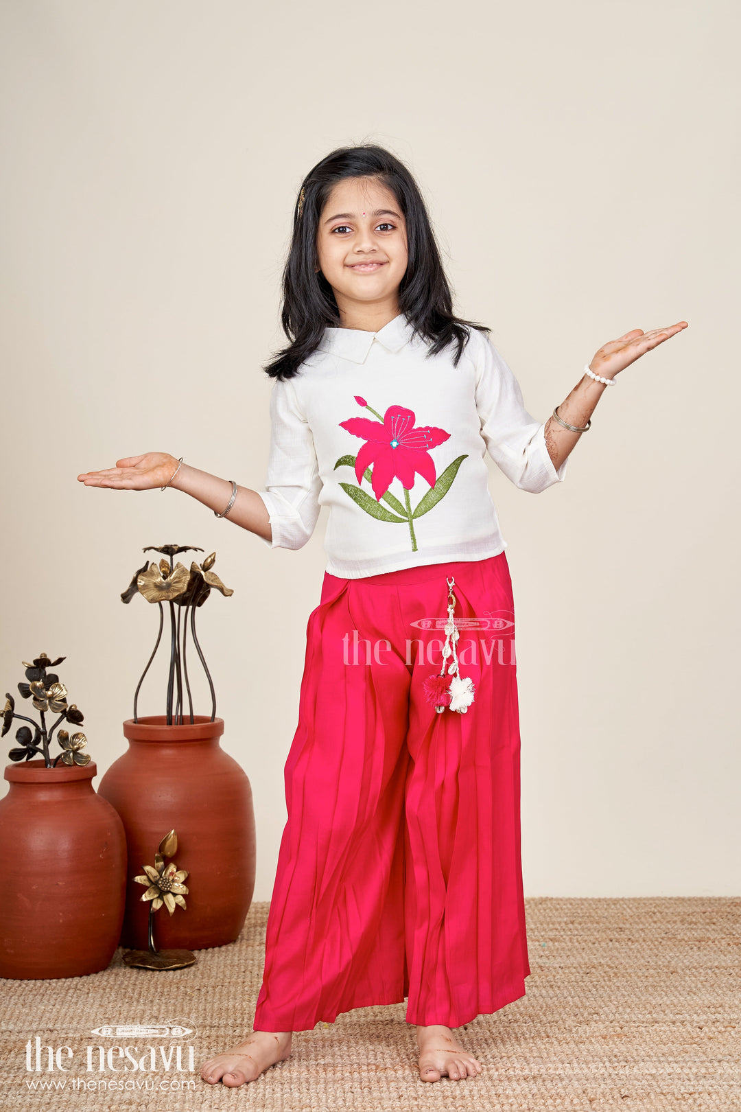 The Nesavu Girls Sharara / Plazo Set Girls magenta floral embroidery cotton top and palazzo set Nesavu 18 (2Y) / Pink GPS820C-18 Nesavu girls magenta floral embroidered cotton top with palazzo pants festive ethnic wear