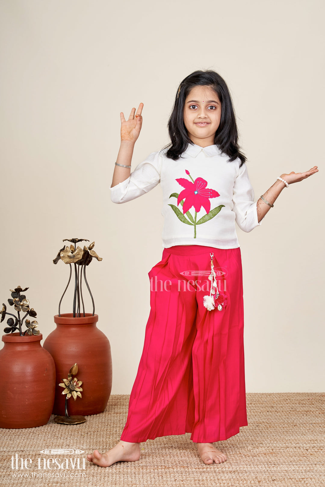 The Nesavu Girls Sharara / Plazo Set Girls magenta floral embroidery cotton top and palazzo set Nesavu Nesavu girls magenta floral embroidered cotton top with palazzo pants festive ethnic wear