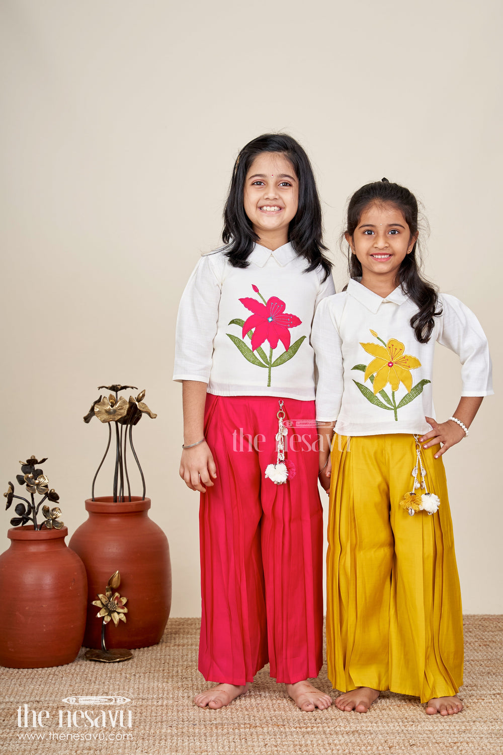 The Nesavu Girls Sharara / Plazo Set Girls magenta floral embroidery cotton top and palazzo set Nesavu Nesavu girls magenta floral embroidered cotton top with palazzo pants festive ethnic wear