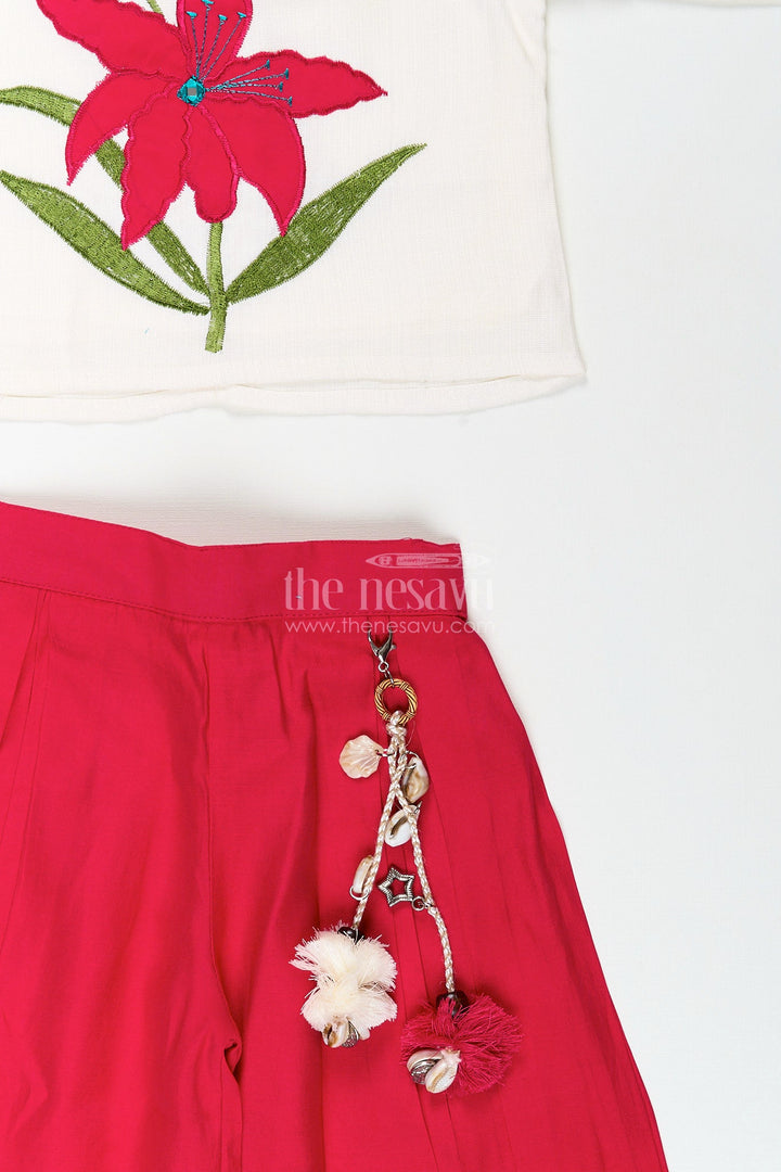 The Nesavu Girls Sharara / Plazo Set Girls magenta floral embroidery cotton top and palazzo set Nesavu Nesavu girls magenta floral embroidered cotton top with palazzo pants festive ethnic wear