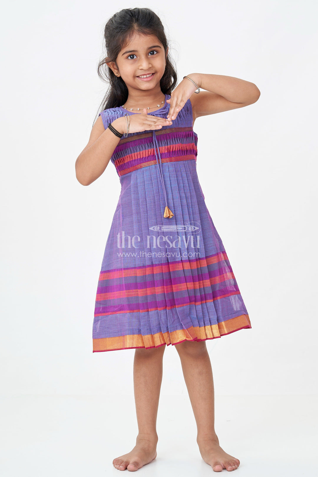 The Nesavu Girls Cotton Frock Girls Mangalagiri Cotton Frock with Gathers and Stripe Pattern in Purple Frock Design Nesavu 22 (4Y) / Purple GFC1780A-22 Nesavu Girls Purple Mangalagiri Cotton Frock Striped Yoke Pleated Skirt Design