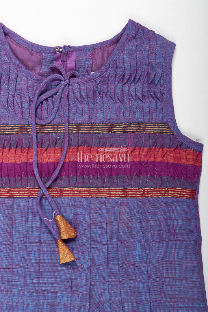 The Nesavu Girls Cotton Frock Girls Mangalagiri Cotton Frock with Gathers and Stripe Pattern in Purple Frock Design Nesavu Nesavu Girls Purple Mangalagiri Cotton Frock Striped Yoke Pleated Skirt Design