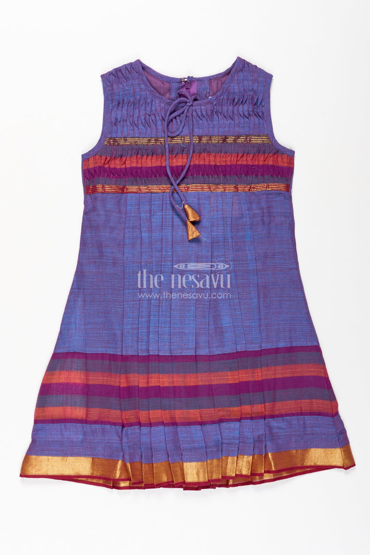 The Nesavu Girls Cotton Frock Girls Mangalagiri Cotton Frock with Gathers and Stripe Pattern in Purple Frock Design Nesavu Nesavu Girls Purple Mangalagiri Cotton Frock Striped Yoke Pleated Skirt Design