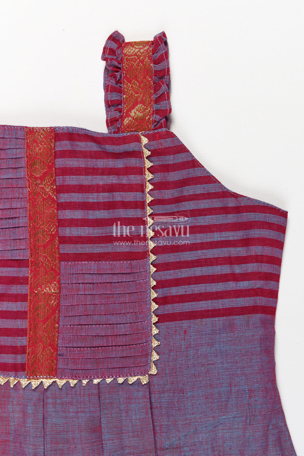 The Nesavu Girls Cotton Frock Girls Mangalagiri Cotton Frock with Sleeveless Straps and Central Panel in Purple Color Frocks Design Nesavu Nesavu Girls Purple Striped Cotton Frock Decorative Central Panel Shoulder Ruffles