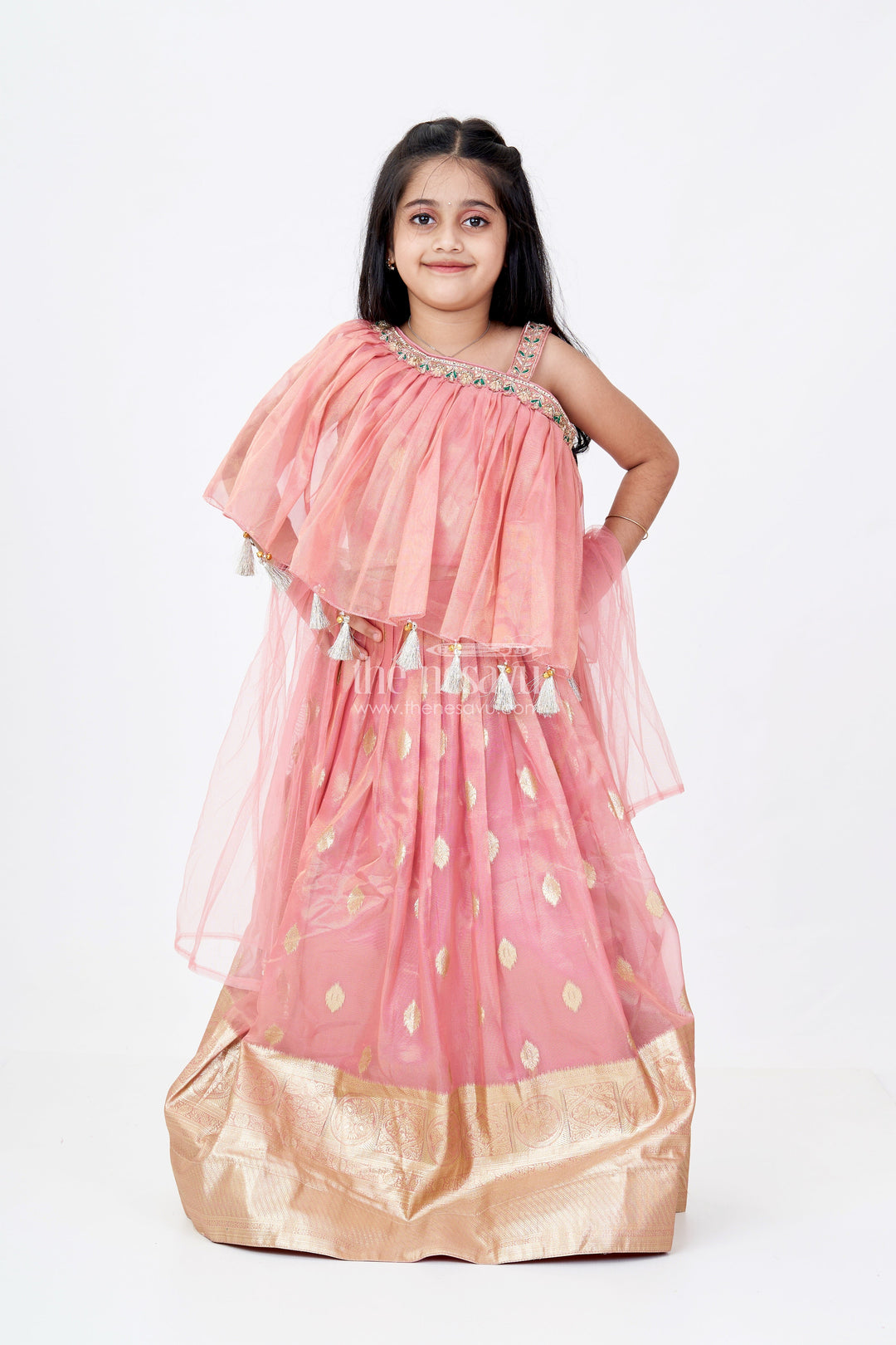The Nesavu Girls Lehenga Choli Girls Maroon Lehenga in Banarasi Kora Tissue Silk with Big Zari Border and Ruffle Cape Choli Design Nesavu 18 (2Y) / Peach GL614A-18 Nesavu Girls Maroon Lehenga Banarasi Kora Tissue Silk Gold Zari Border Cape Style Choli