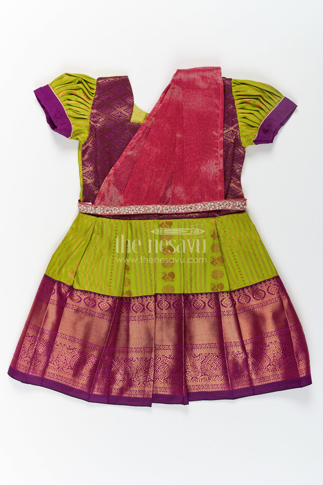 The Nesavu Girls Kanchi Silk Frock Girls Maroon Silk Dress with Semi Kanchivaram Weave and Stone Lace Embellished Dupatta Nesavu 16 (1Y) / Green / Style 1 SF813AA-16 Nesavu Maroon Silk Dress for Girls with Semi Kanchivaram Weave and Embellished Dupatta