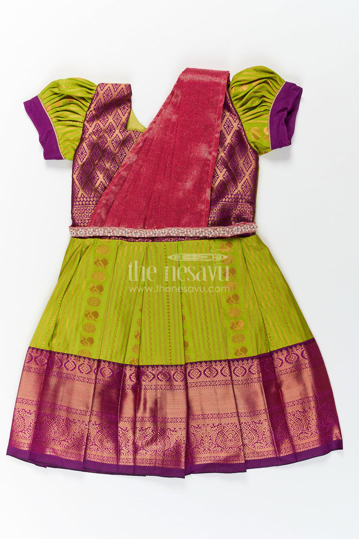 The Nesavu Girls Kanchi Silk Frock Girls Maroon Silk Dress with Semi Kanchivaram Weave and Stone Lace Embellished Dupatta Nesavu 20 (3Y) / Green / Style 2 SF813AB-20 Nesavu Maroon Silk Dress for Girls with Semi Kanchivaram Weave and Embellished Dupatta