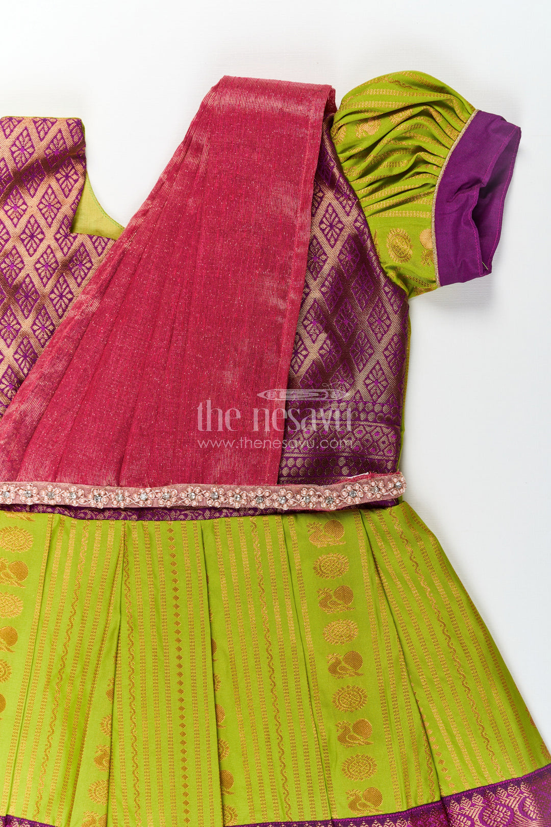 The Nesavu Girls Kanchi Silk Frock Girls Maroon Silk Dress with Semi Kanchivaram Weave and Stone Lace Embellished Dupatta Nesavu Nesavu Maroon Silk Dress for Girls with Semi Kanchivaram Weave and Embellished Dupatta
