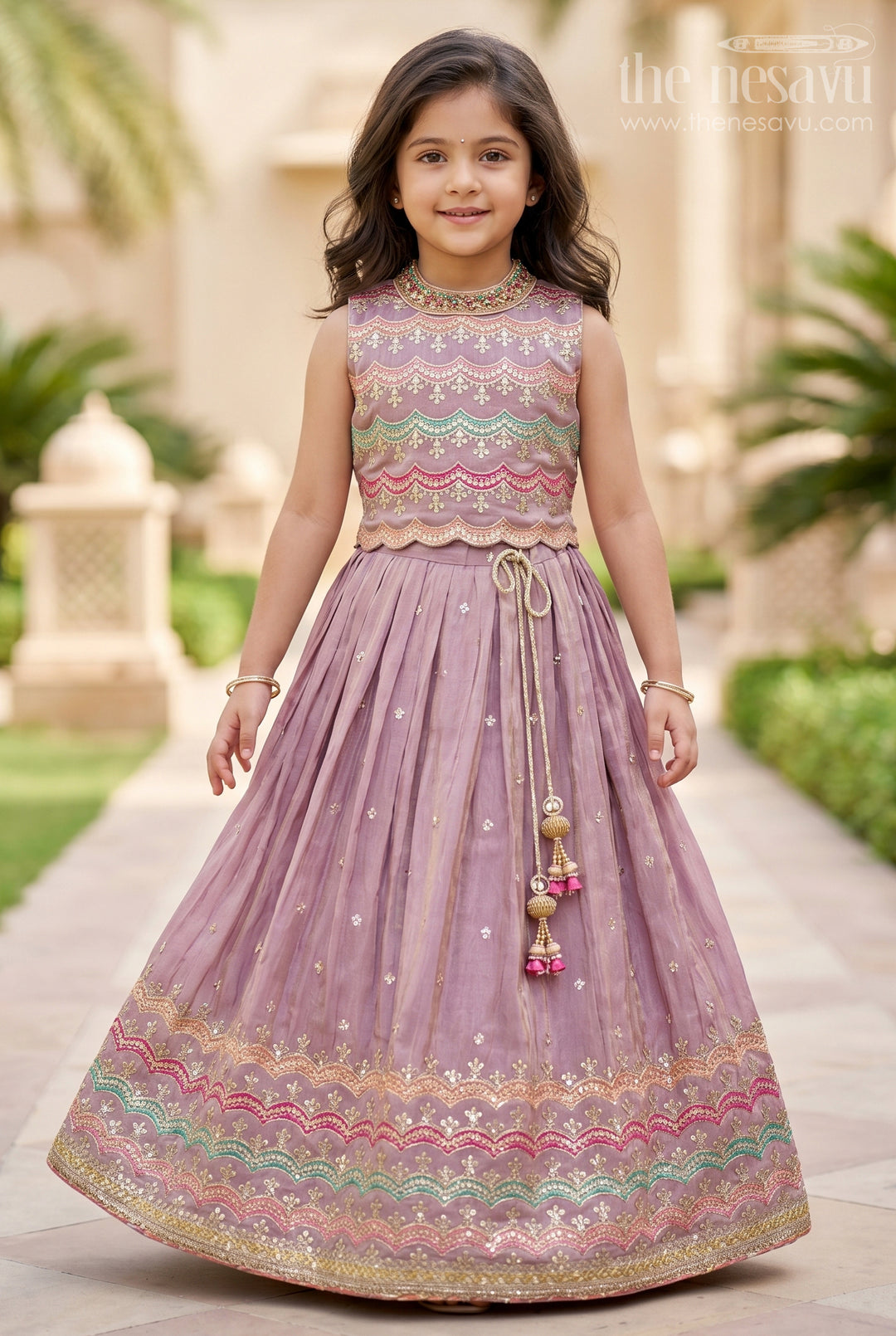 The Nesavu Girls Lehenga Choli Girls Marriage Function Dress in Tissue Fabric with Sequin Embroidery and Designer Multicolor Yoke Nesavu 16 (1Y) / Purple GL641B-16 Girls Marriage Function Dress Tissue Sequin Embroidered Lehenga Choli Designer Yoke | The Nesavu