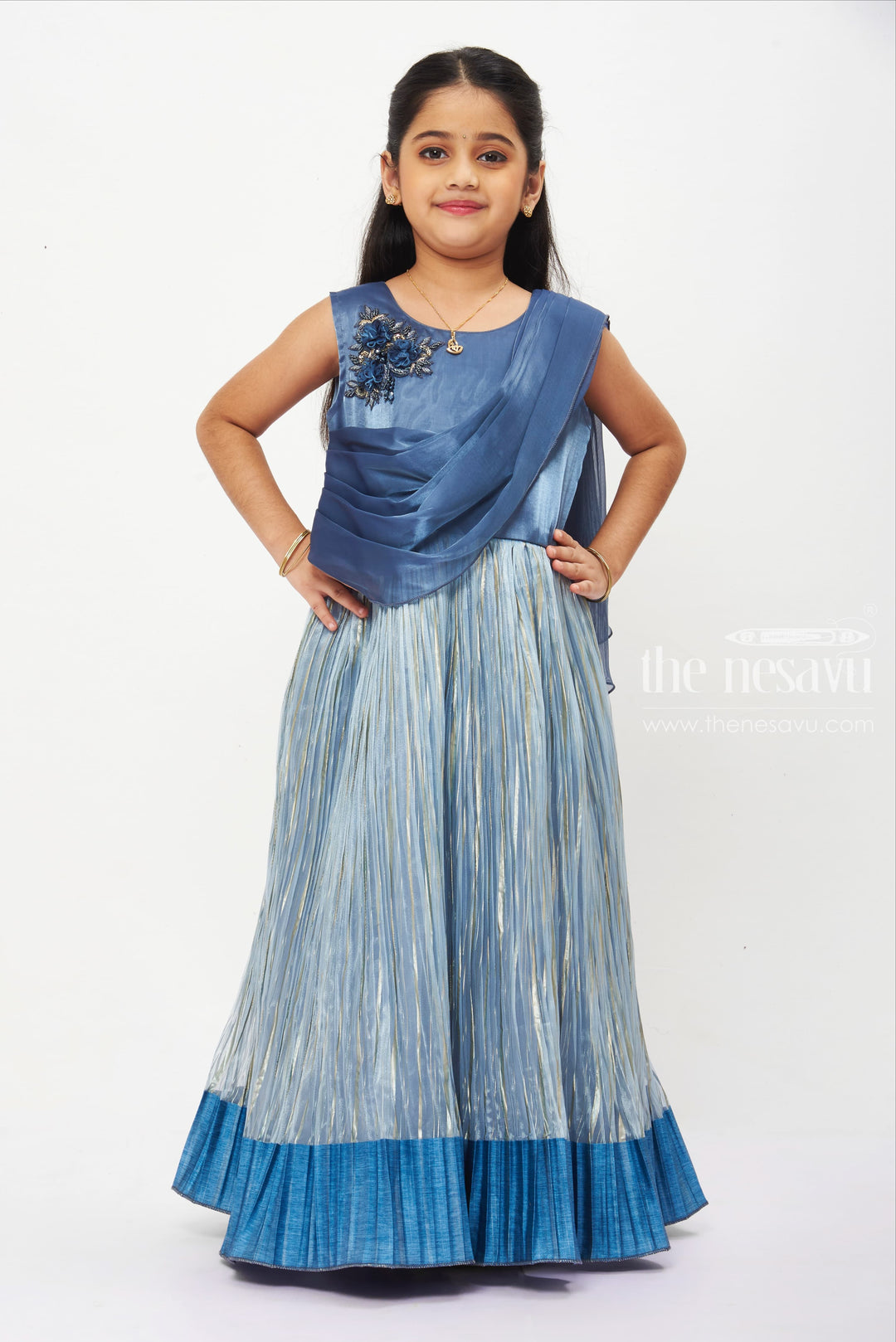 The Nesavu Girls Party Gown Girls Midnight Blue Anarkali Dress with Shimmering Accents Nesavu 22 (4Y) / Blue / Organza GA191B-22 Girls Designer Anarkali Dress in Midnight Blue | Festive Kids Wear | The Nesavu