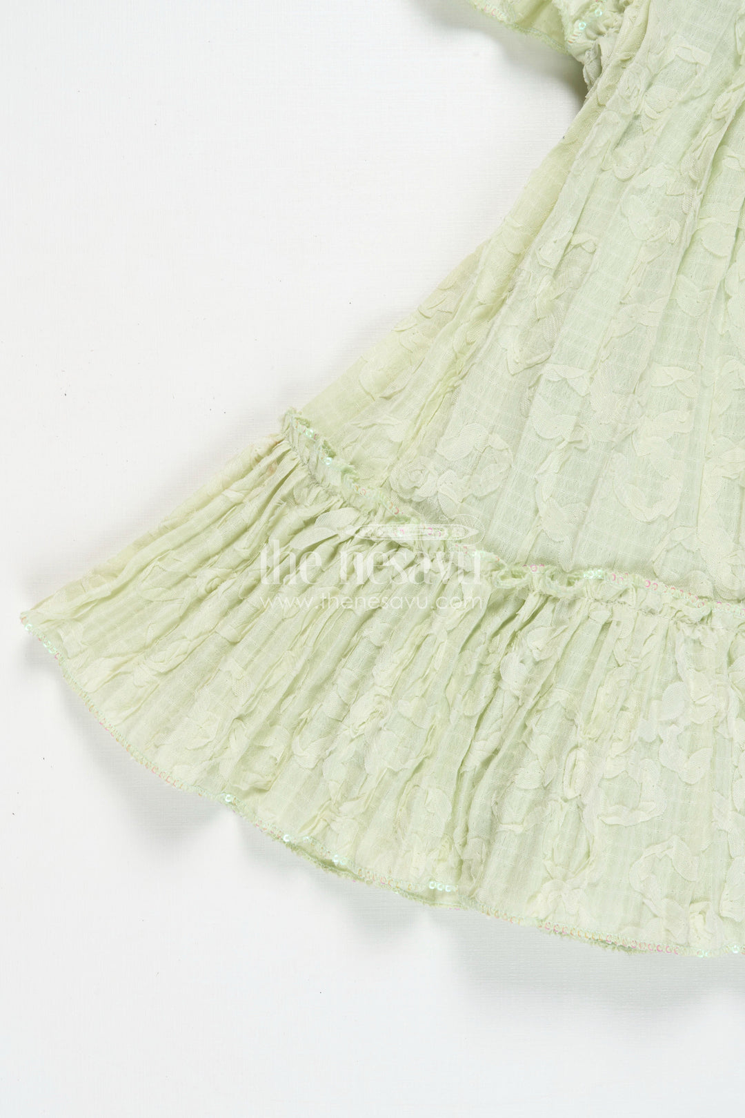 The Nesavu Girls Cotton Frock Girls Mini Organza Frock in Light Green with Crushed Texture and Floral Embellishments for Elegant Looks Nesavu Nesavu Girls Mini Organza Frock Light Green Crushed Texture Floral Puff Sleeve Design