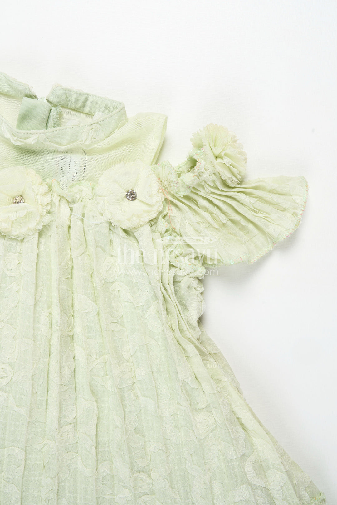 The Nesavu Girls Cotton Frock Girls Mini Organza Frock in Light Green with Crushed Texture and Floral Embellishments for Elegant Looks Nesavu Nesavu Girls Mini Organza Frock Light Green Crushed Texture Floral Puff Sleeve Design