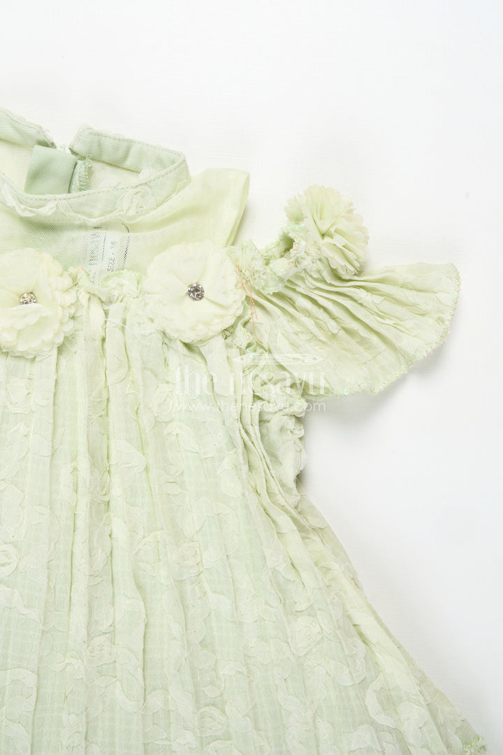 The Nesavu Girls Cotton Frock Girls Mini Organza Frock in Light Green with Crushed Texture and Floral Embellishments for Elegant Looks Nesavu Nesavu Girls Mini Organza Frock Light Green Crushed Texture Floral Puff Sleeve Design