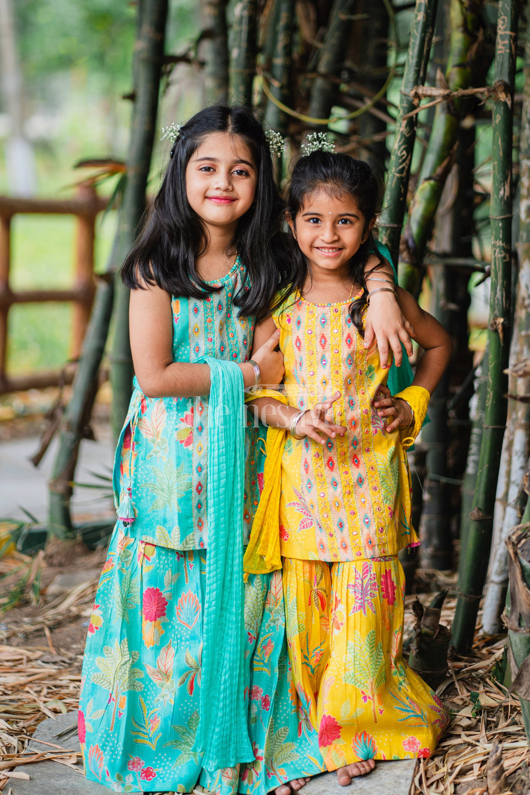 The Nesavu Girls Sharara / Plazo Set Girls Mint Green Sharara Plazo Set with Floral Print and Tassel Detailing Nesavu Nesavu Mint Green Sharara Plazo Set Floral Print Embroidery Girls