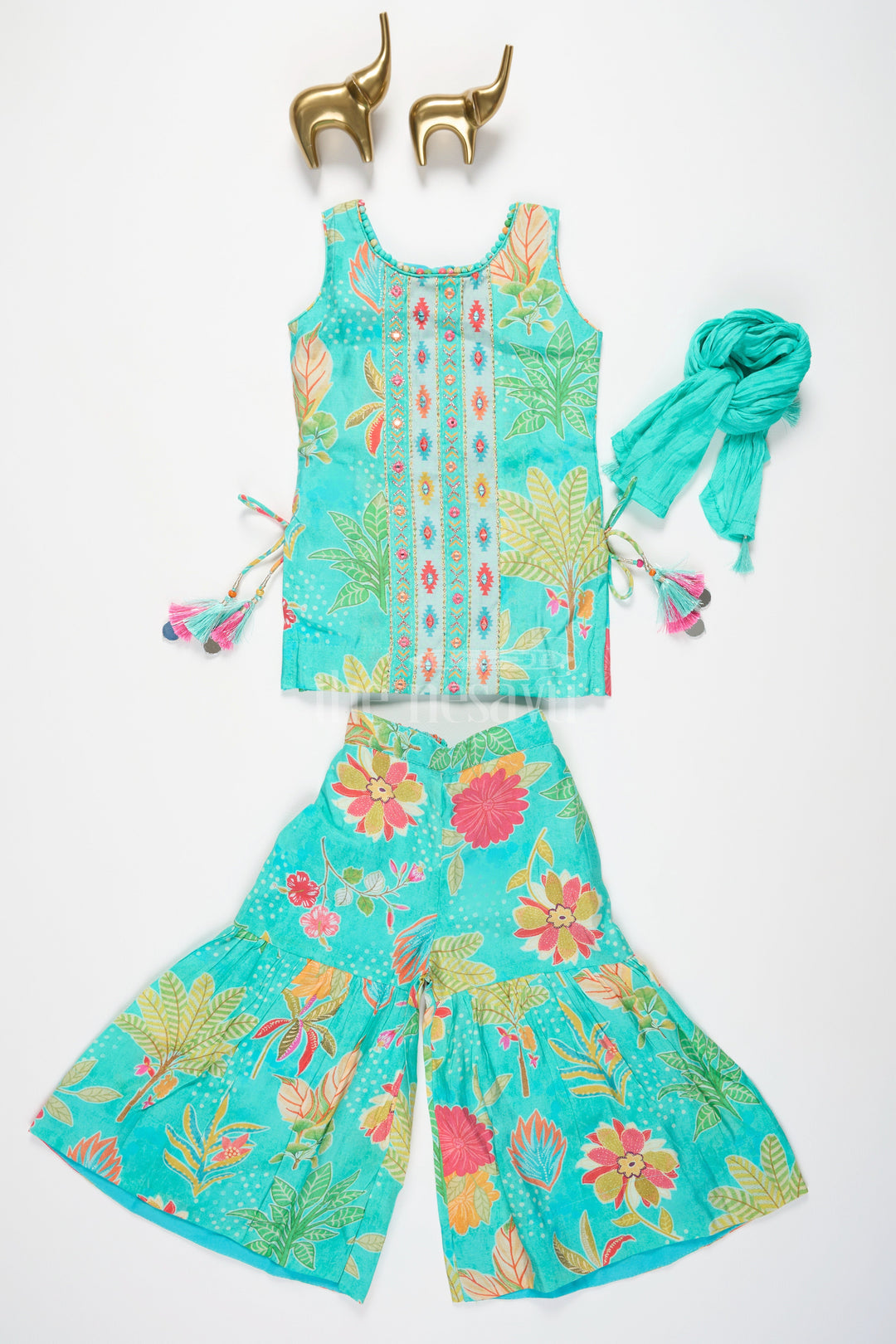 The Nesavu Girls Sharara / Plazo Set Girls Mint Green Sharara Plazo Set with Floral Print and Tassel Detailing Nesavu Nesavu Mint Green Sharara Plazo Set Floral Print Embroidery Girls