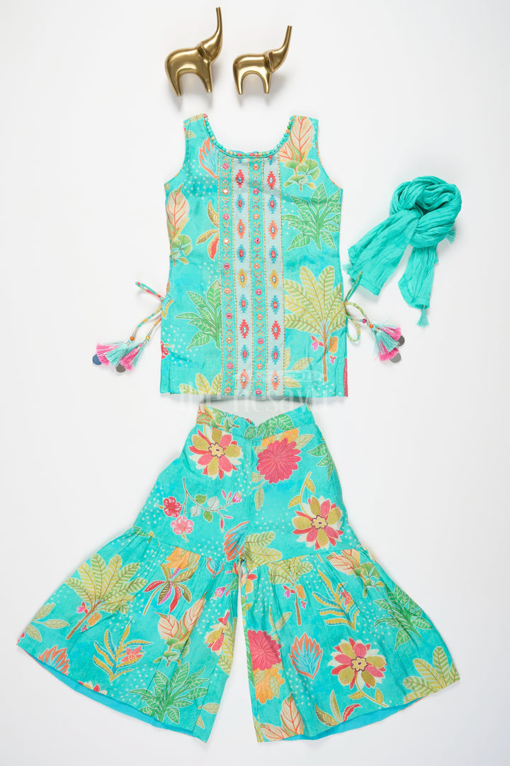 The Nesavu Girls Sharara / Plazo Set Girls Mint Green Sharara Plazo Set with Floral Print and Tassel Detailing Nesavu Nesavu Mint Green Sharara Plazo Set Floral Print Embroidery Girls