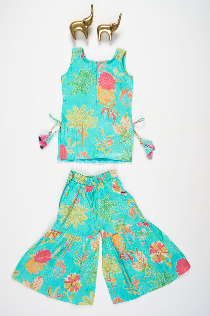 The Nesavu Girls Sharara / Plazo Set Girls Mint Green Sharara Plazo Set with Floral Print and Tassel Detailing Nesavu Nesavu Mint Green Sharara Plazo Set Floral Print Embroidery Girls