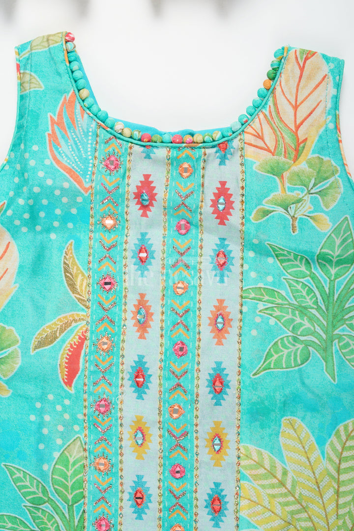 The Nesavu Girls Sharara / Plazo Set Girls Mint Green Sharara Plazo Set with Floral Print and Tassel Detailing Nesavu Nesavu Mint Green Sharara Plazo Set Floral Print Embroidery Girls