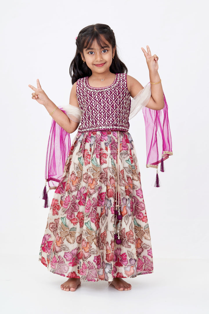 The Nesavu Girls Lehenga Choli Girls Mirror Work Choli with Digital Printed Georgette Skirt for Stylish Festive Look Nesavu 18 (2Y) / Magenta GL562A-18 Nesavu Girls Mirror Work Choli Digital Printed Georgette Skirt Festive Wedding Wear