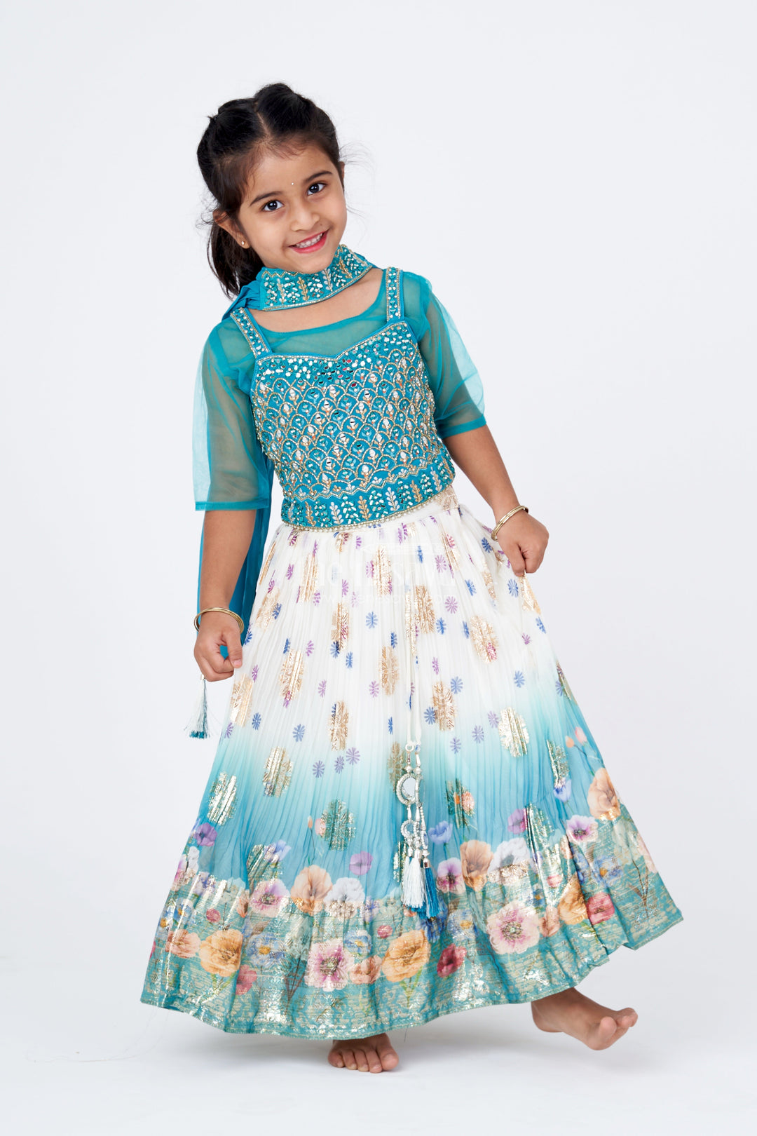 The Nesavu Girls Lehenga Choli Girls Mirror Work Lehenga Design with Embroidered Blouse and Georgette Skirt for Festive Wear Nesavu 18 (2Y) / Green GL557A-18 Nesavu Girls Mirror Work Lehenga Design Embroidered Blouse Georgette Skirt Weddings