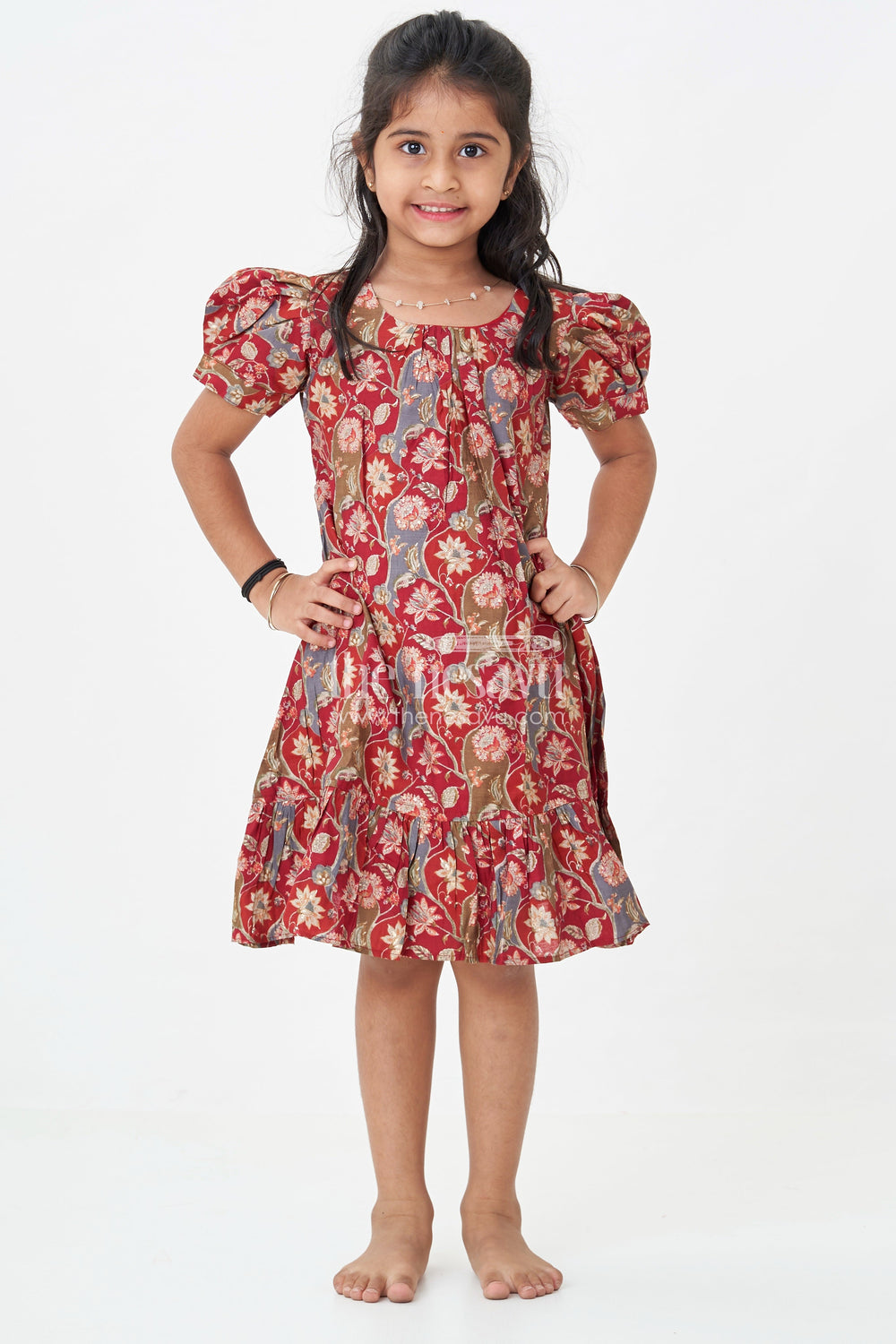 The Nesavu Girls Fancy Frock Girls Modal Silk Frock with Ruffle Hem in Red Floral Digital Print and Puff Sleeves for Chic Comfort Nesavu Nesavu Red Floral Modal Silk Frock Top Design Ruffle Hem Puff Sleeves Girls
