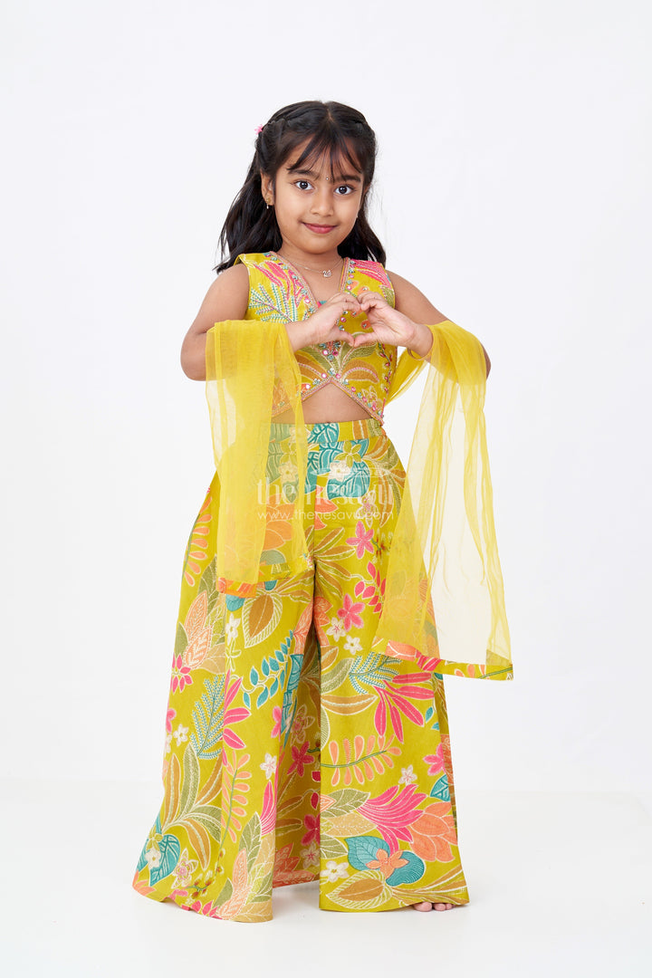 The Nesavu Girls Sharara / Plazo Set Girls Modern Classy Sharara Dress in Muslin Silk with Vibrant Digital Floral Print Nesavu 16 (1Y) / Green GPS527A-16 Nesavu Girls Modern Classy Sharara Dress Digital Floral Print Muslin Silk