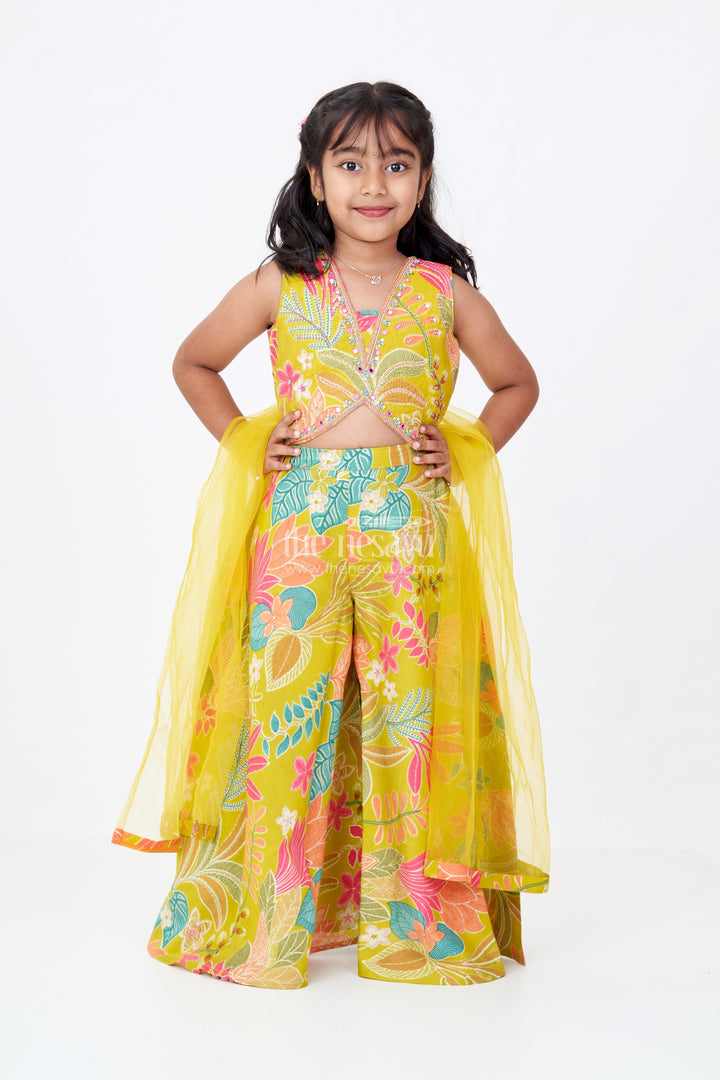 The Nesavu Girls Sharara / Plazo Set Girls Modern Classy Sharara Dress in Muslin Silk with Vibrant Digital Floral Print Nesavu Nesavu Girls Modern Classy Sharara Dress Digital Floral Print Muslin Silk
