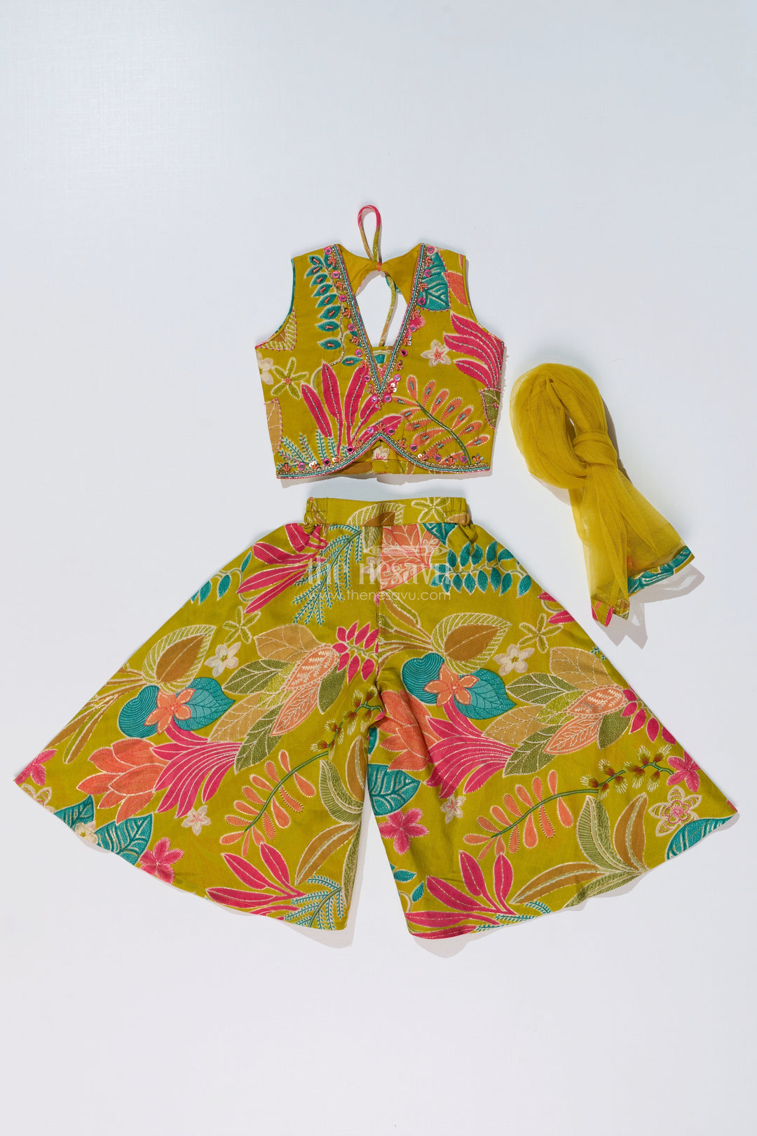 The Nesavu Girls Sharara / Plazo Set Girls Modern Classy Sharara Dress in Muslin Silk with Vibrant Digital Floral Print Nesavu Nesavu Girls Modern Classy Sharara Dress Digital Floral Print Muslin Silk