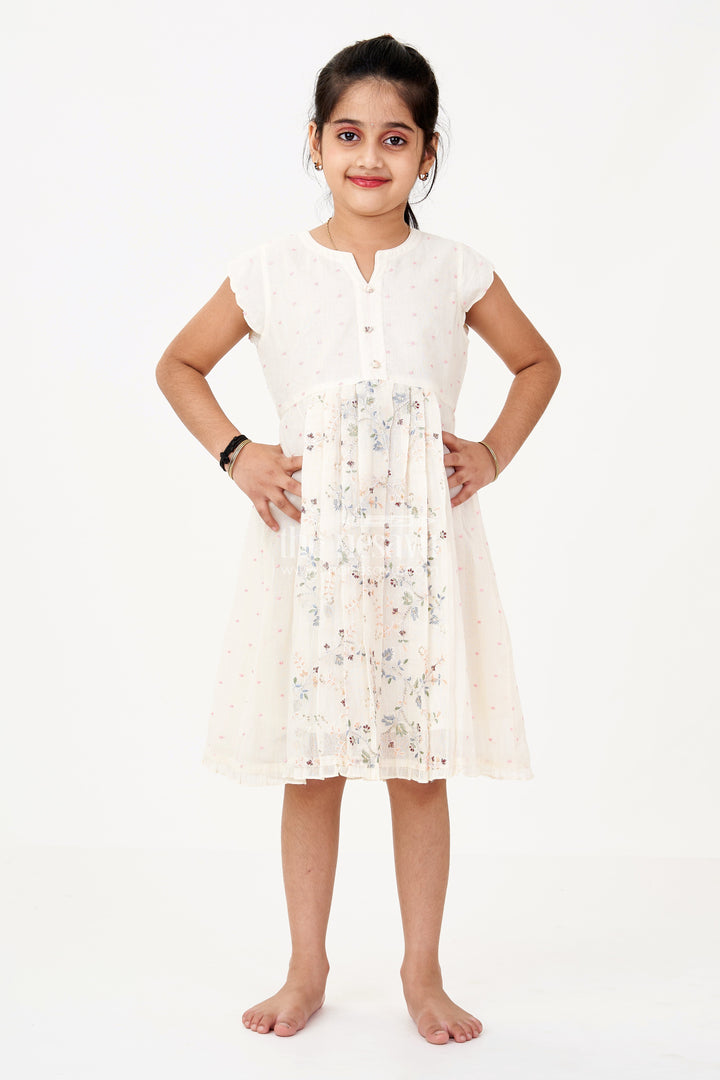 The Nesavu Girls Cotton Frock Girls Modern Frock in Cream Cotton Blend with Sequin Thread Embroidery and Pleated Hem Nesavu Nesavu Girls Modern Frock Cream Cotton Sequin Thread Embroidery Soft Pleated Finish