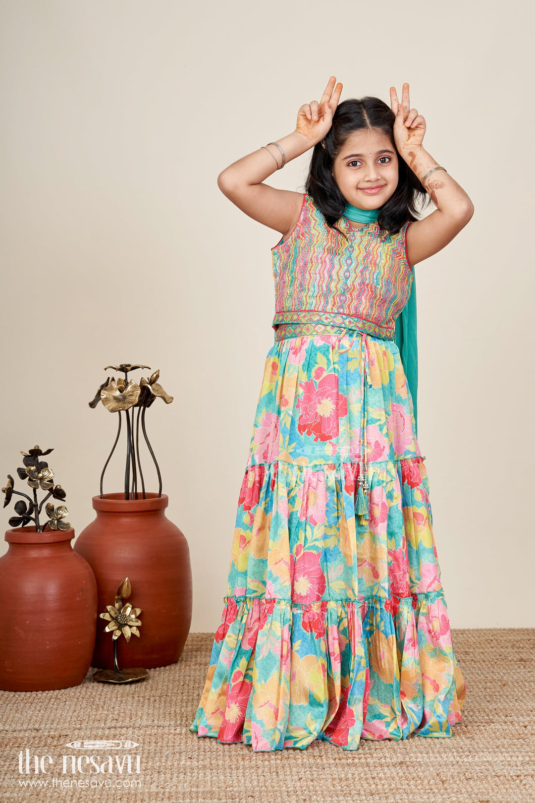 The Nesavu Girls Lehenga Choli Girls Multi Colour Lehenga Set with Sleeveless Embroidered Choli and Digital Printed Flared Skirt Nesavu 18 (2Y) / Multicolor GL649A-18 Nesavu Multi Colour Lehenga Girls Embroidered Choli Rayon Digital Printed Skirt