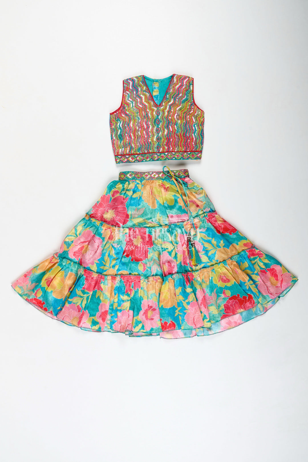 The Nesavu Girls Lehenga Choli Girls Multi Colour Lehenga Set with Sleeveless Embroidered Choli and Digital Printed Flared Skirt Nesavu Nesavu Multi Colour Lehenga Girls Embroidered Choli Rayon Digital Printed Skirt