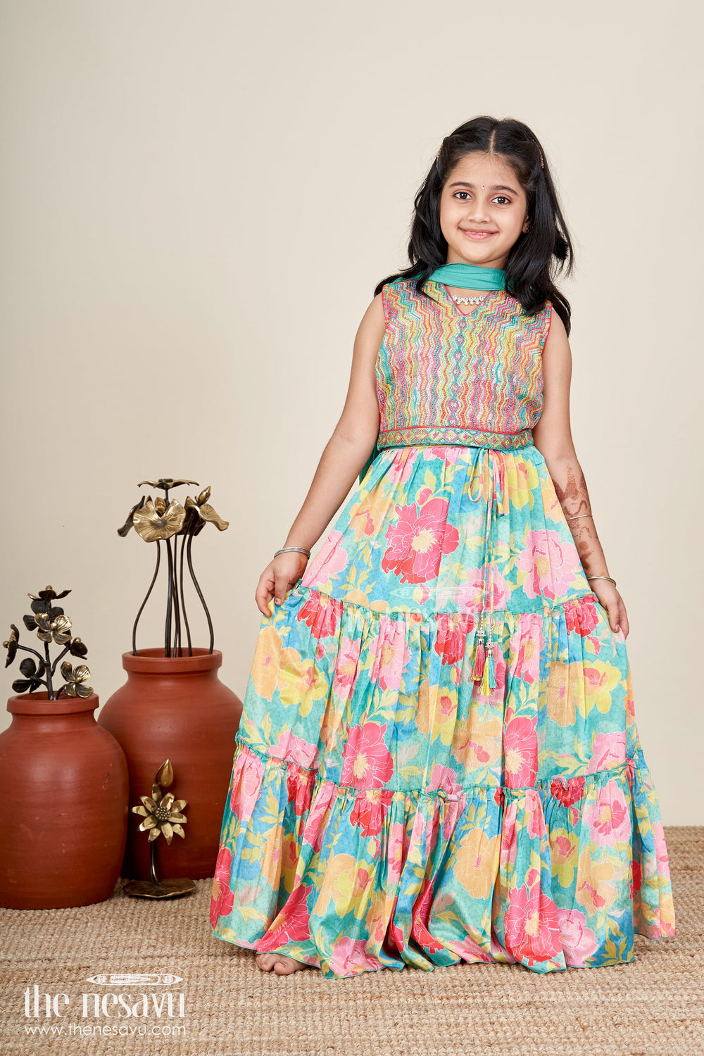 The Nesavu Girls Lehenga Choli Girls Multi Colour Lehenga Set with Sleeveless Embroidered Choli and Digital Printed Flared Skirt Nesavu Nesavu Multi Colour Lehenga Girls Embroidered Choli Rayon Digital Printed Skirt