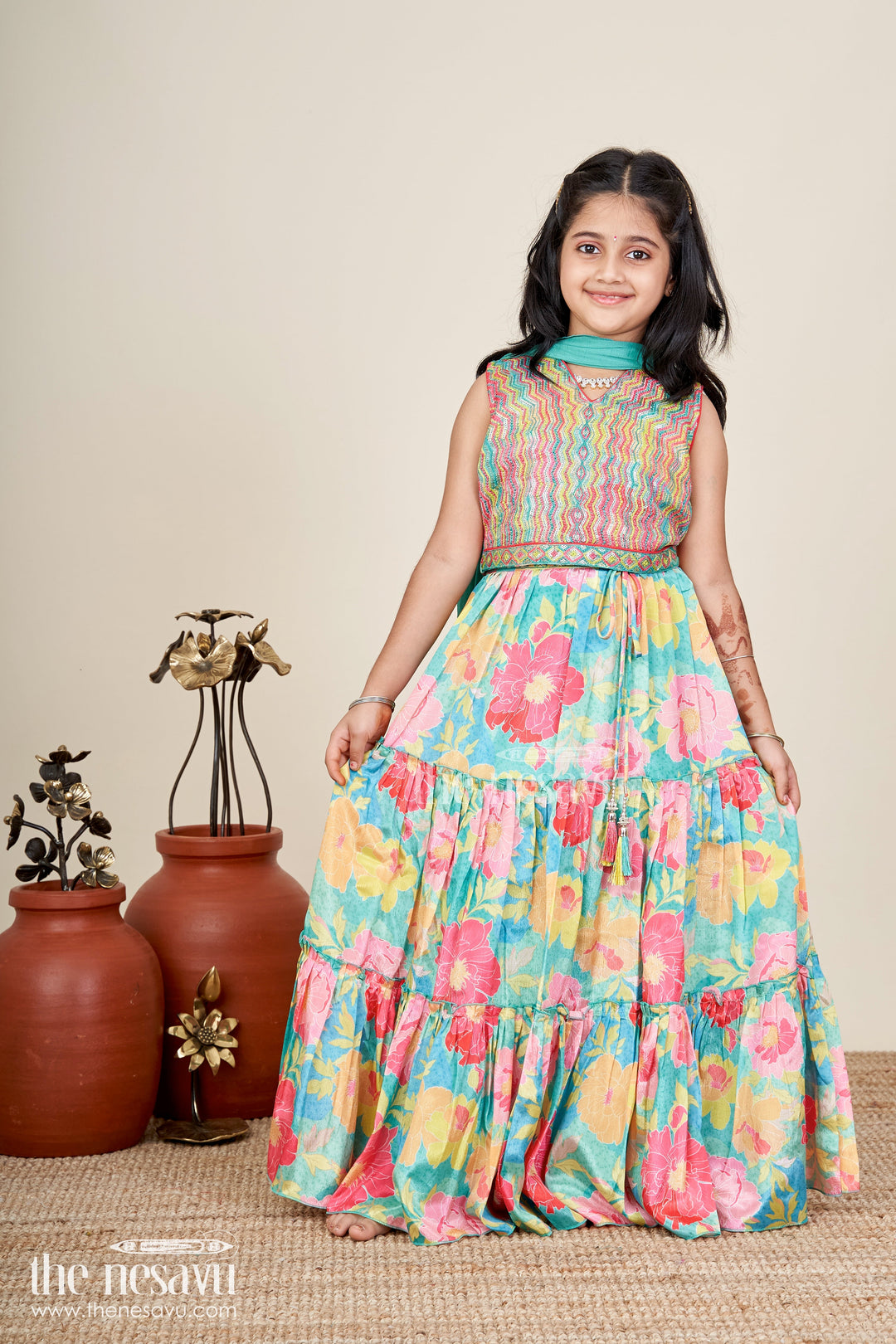 The Nesavu Girls Lehenga Choli Girls Multi Colour Lehenga Set with Sleeveless Embroidered Choli and Digital Printed Flared Skirt Nesavu Nesavu Multi Colour Lehenga Girls Embroidered Choli Rayon Digital Printed Skirt