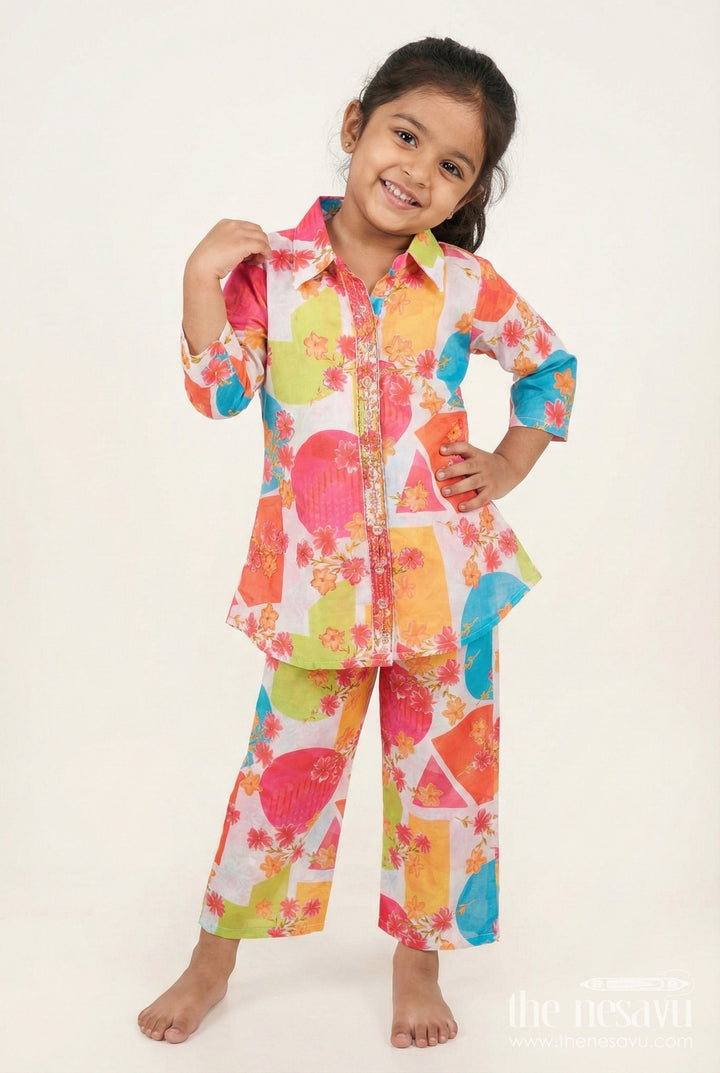 The Nesavu Girls Co-Ord Sets Girls Multicolor Co-Ord Set with Floral Print Perfect for Birthdays and Casual Celebrations Nesavu 24 (5Y) / Multicolor GPS663A-24 Nesavu multicolor girls co-ord set floral digital print fun ethnic outfit birthdays summer events