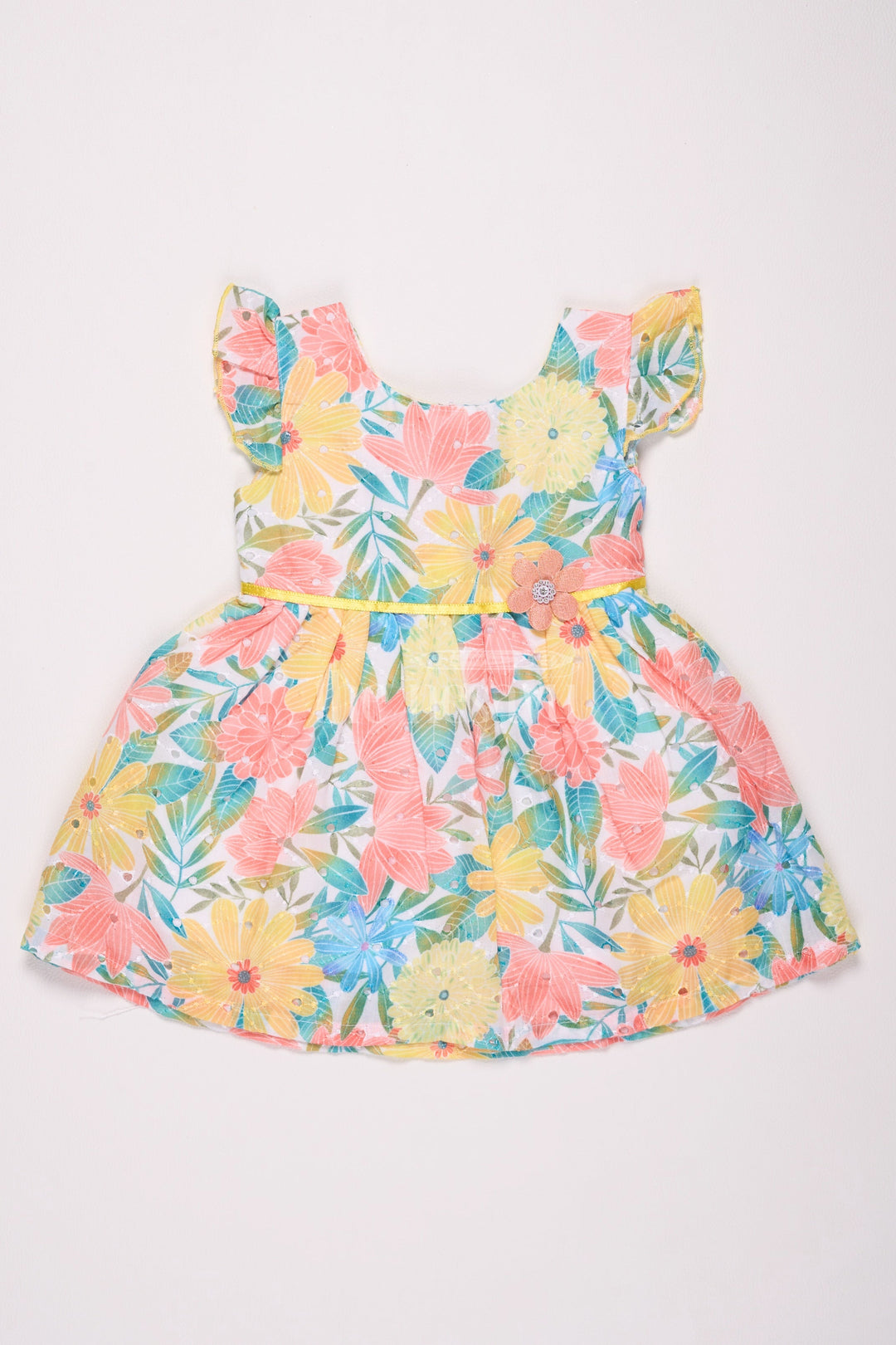 The Nesavu Baby Cotton Frocks Girls Multicolor Cotton Frock with Flutter Sleeves and Yellow Floral Waistband for Summer Fun Nesavu 14 (6M) / Multicolor BFJ649B-14 Nesavu Girls Multicolor Cotton Frock Yellow Floral Waistband Casual Events Summer Outings