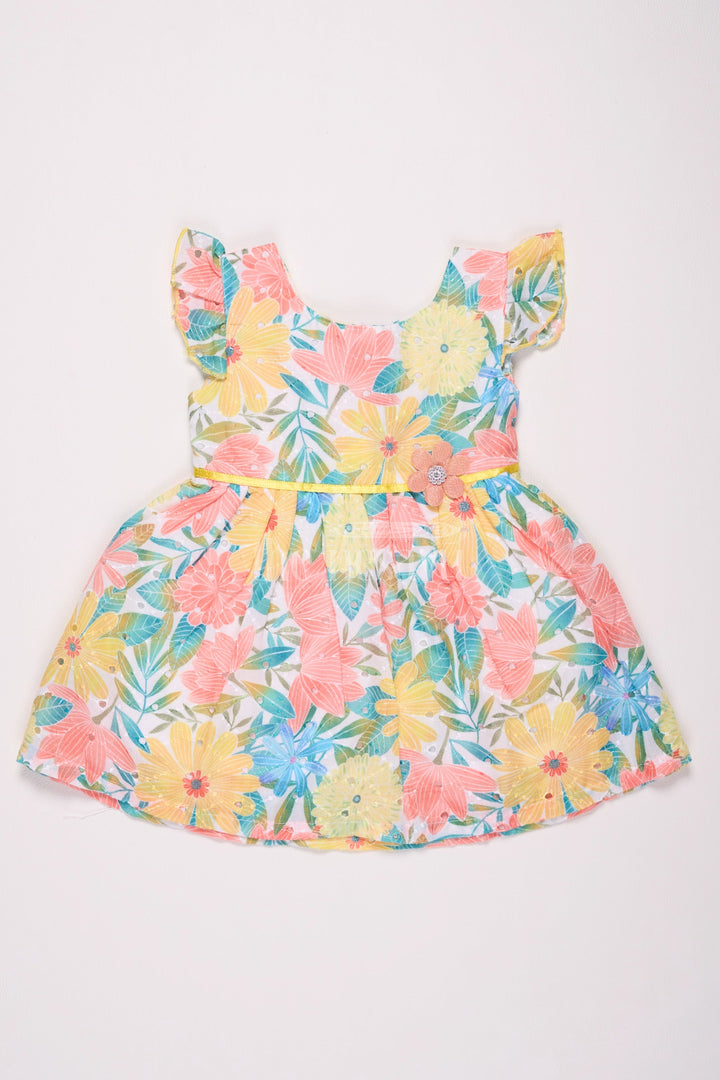 The Nesavu Baby Cotton Frocks Girls Multicolor Cotton Frock with Flutter Sleeves and Yellow Floral Waistband for Summer Fun Nesavu 14 (6M) / Multicolor BFJ649B-14 Nesavu Girls Multicolor Cotton Frock Yellow Floral Waistband Casual Events Summer Outings