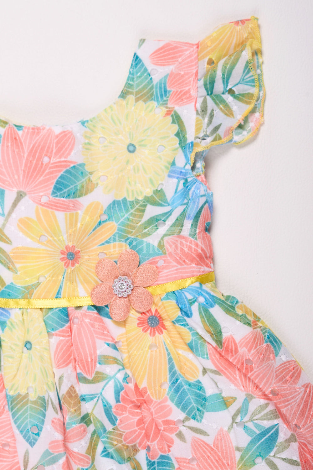The Nesavu Baby Cotton Frocks Girls Multicolor Cotton Frock with Flutter Sleeves and Yellow Floral Waistband for Summer Fun Nesavu Nesavu Girls Multicolor Cotton Frock Yellow Floral Waistband Casual Events Summer Outings