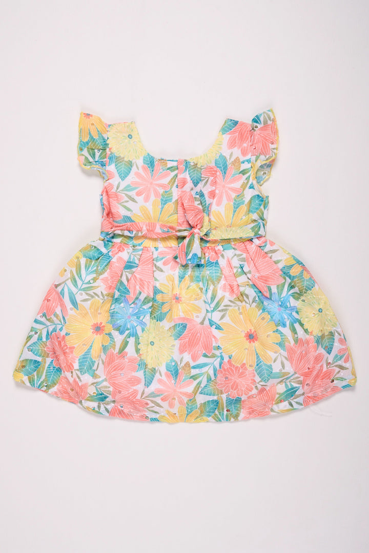 The Nesavu Baby Cotton Frocks Girls Multicolor Cotton Frock with Flutter Sleeves and Yellow Floral Waistband for Summer Fun Nesavu Nesavu Girls Multicolor Cotton Frock Yellow Floral Waistband Casual Events Summer Outings