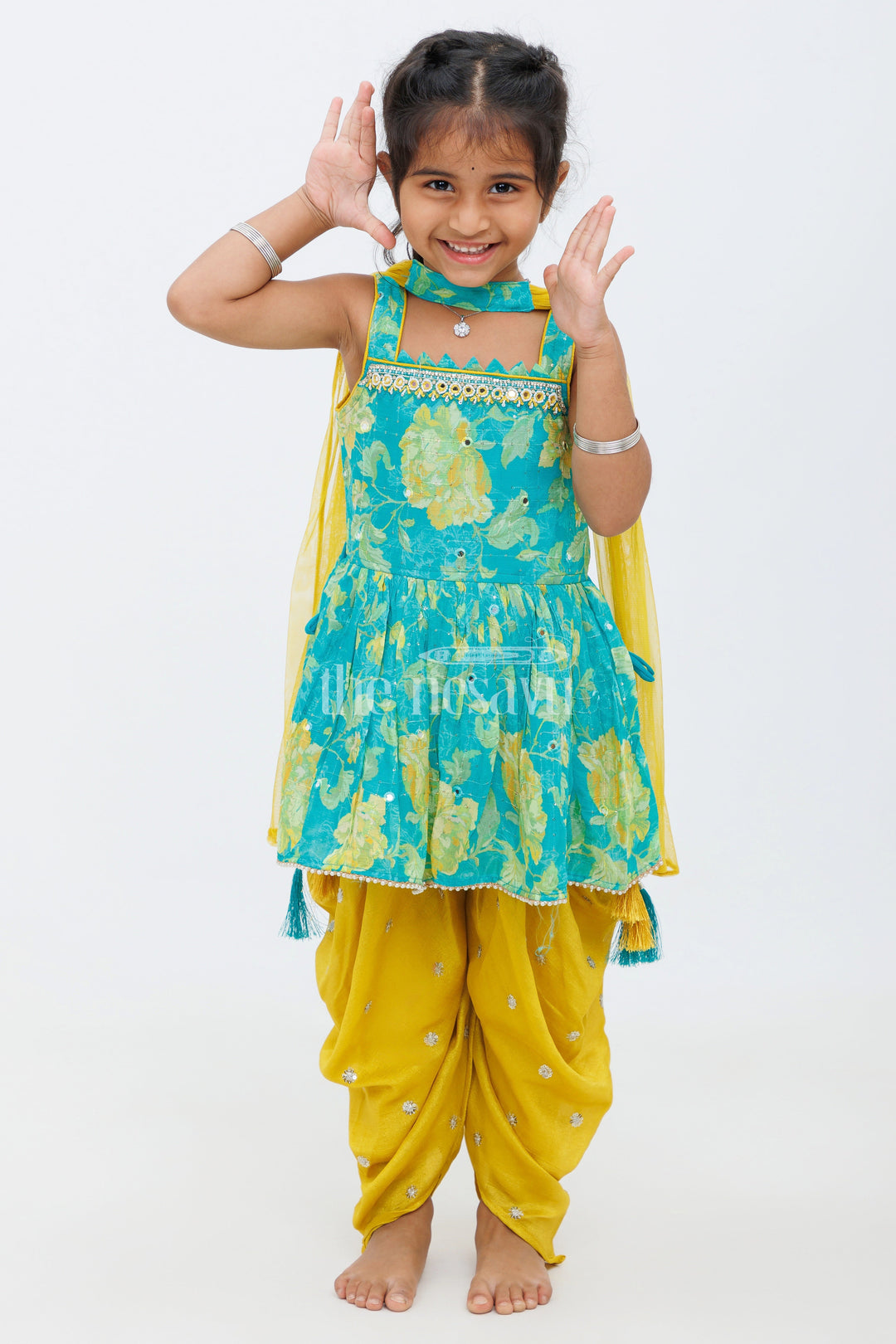The Nesavu Girls Sharara / Plazo Set Girls Multicolor Dhoti Set with Floral Peplum Top and Stylish Yellow Dhoti Pants Nesavu 16 (1Y) / multicolor GPS395B-16 Nesavu Girls Multicolor Floral Peplum Top Yellow Dhoti Pants Featuring Embroidered Details