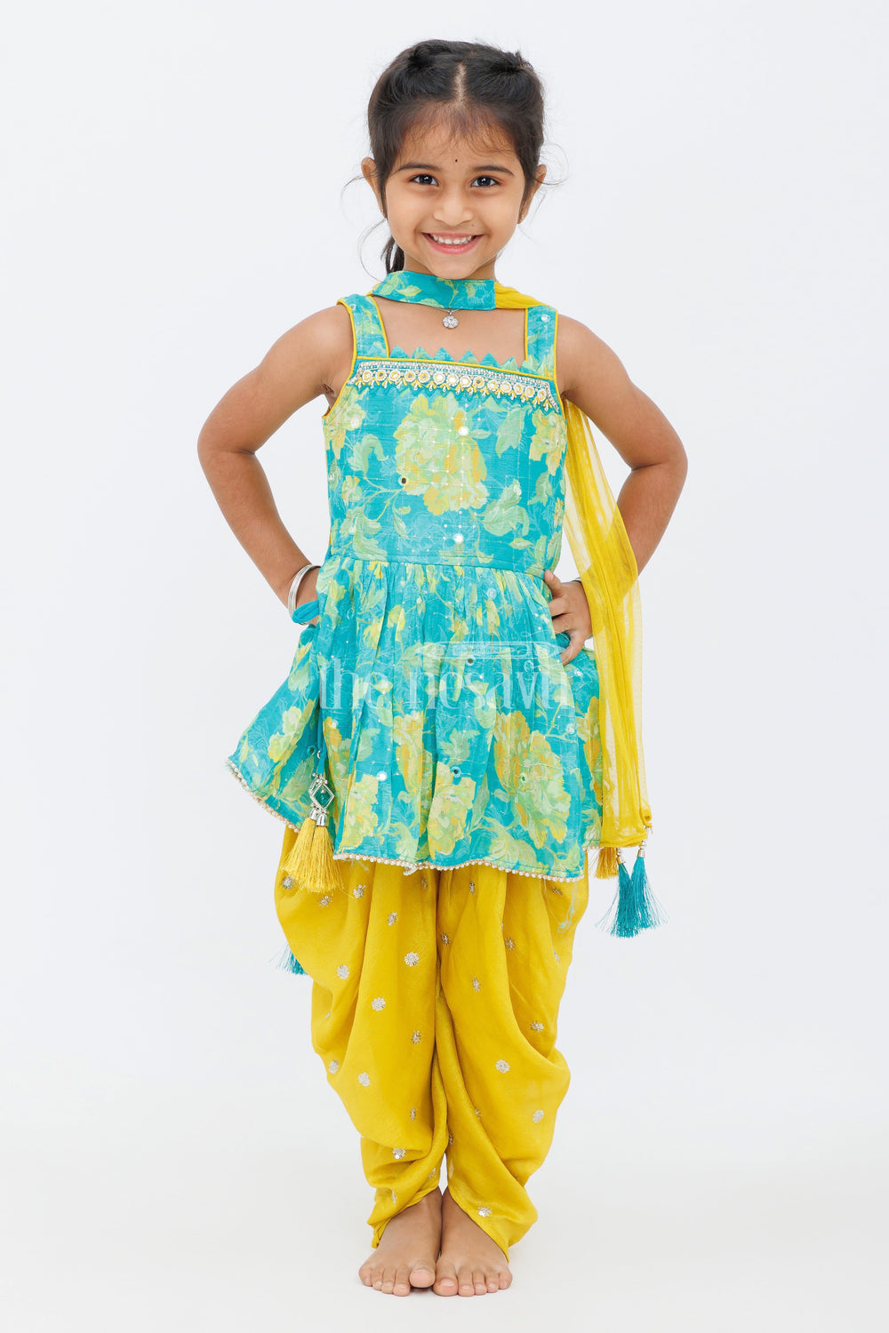 The Nesavu Girls Sharara / Plazo Set Girls Multicolor Dhoti Set with Floral Peplum Top and Stylish Yellow Dhoti Pants Nesavu Nesavu Girls Multicolor Floral Peplum Top Yellow Dhoti Pants Featuring Embroidered Details