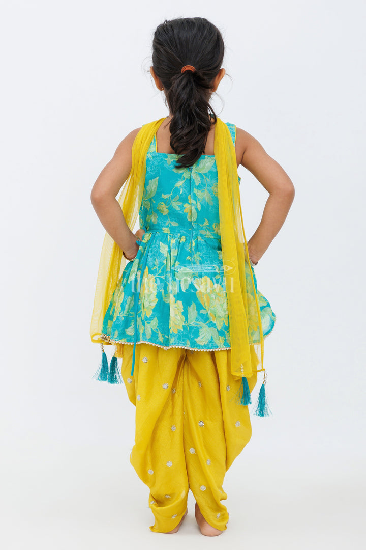 The Nesavu Girls Sharara / Plazo Set Girls Multicolor Dhoti Set with Floral Peplum Top and Stylish Yellow Dhoti Pants Nesavu Nesavu Girls Multicolor Floral Peplum Top Yellow Dhoti Pants Featuring Embroidered Details