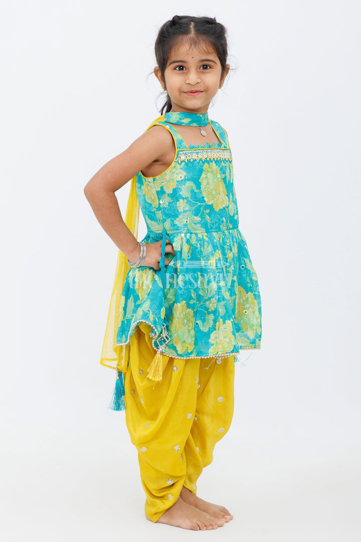 The Nesavu Girls Sharara / Plazo Set Girls Multicolor Dhoti Set with Floral Peplum Top and Stylish Yellow Dhoti Pants Nesavu Nesavu Girls Multicolor Floral Peplum Top Yellow Dhoti Pants Featuring Embroidered Details